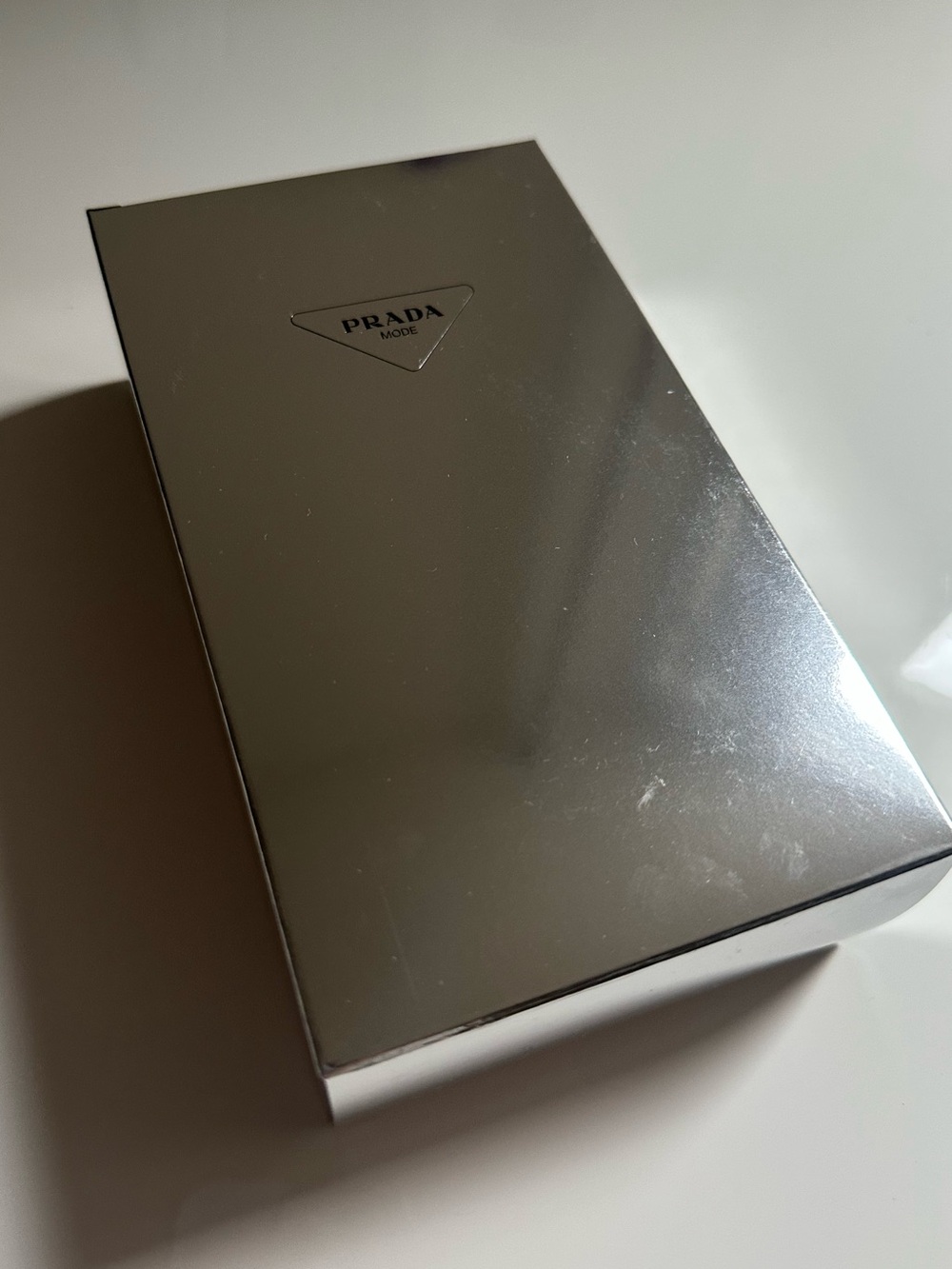 Prada mode Silver Mirror Finish Logo Box